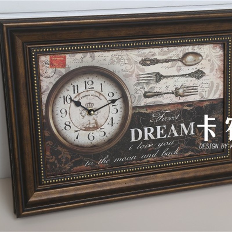 美式客厅餐厅钟表 o太阳机芯静音扫秒 欧式复古怀旧 带框挂钟