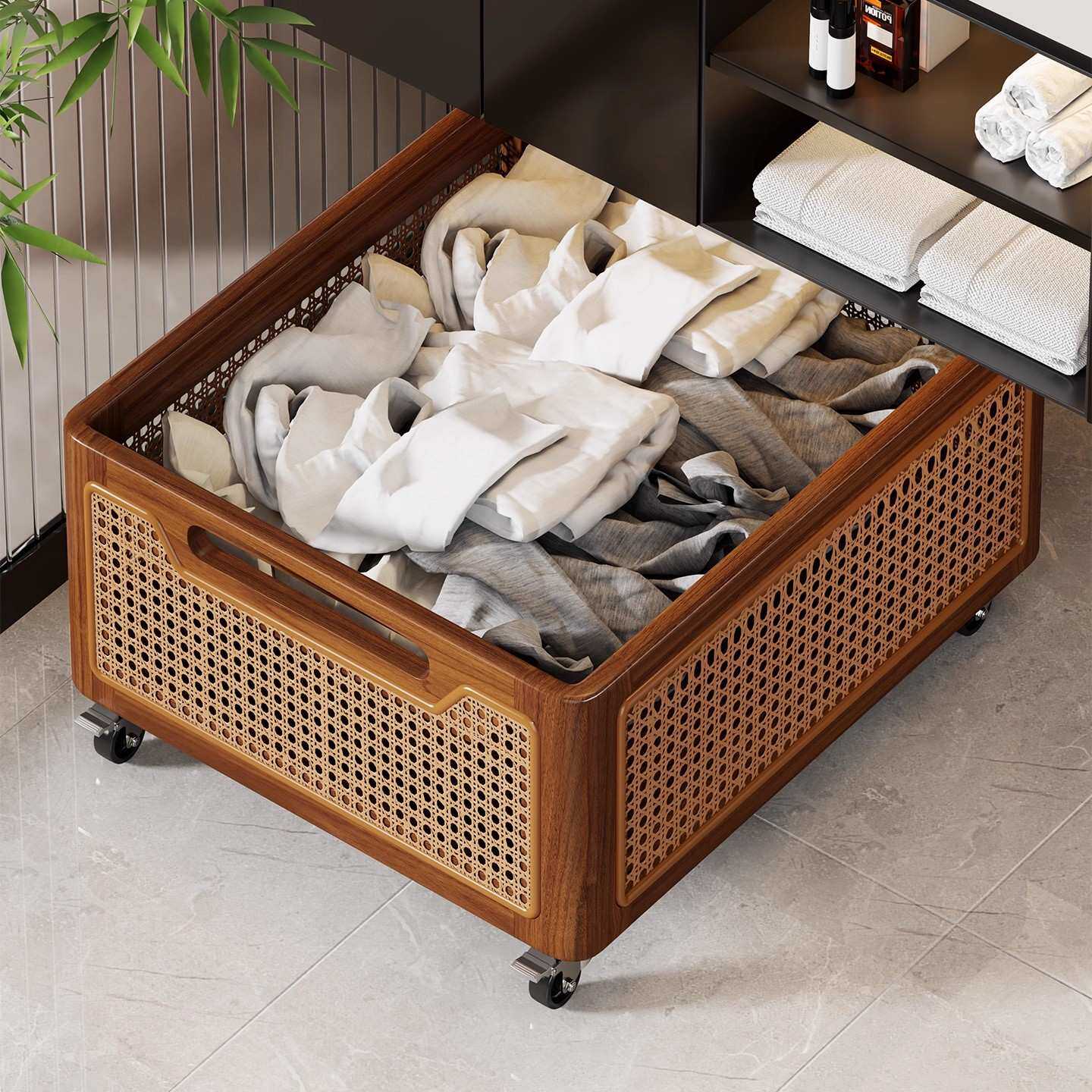 实木脏衣篮可移动洗漱台收纳筐带轮小推车浴室柜下置物架洗衣篮子