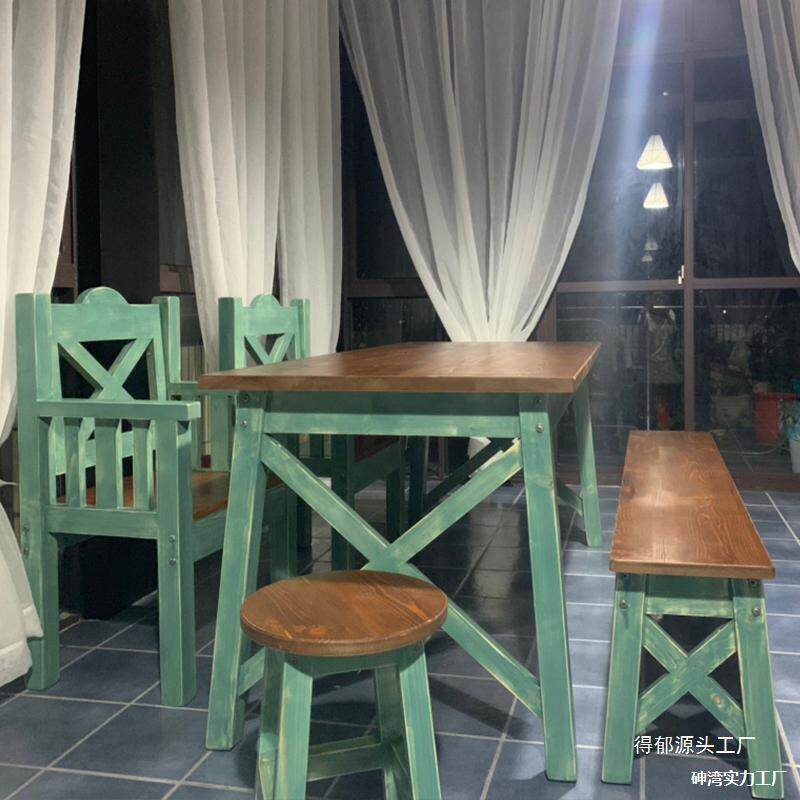 木桌椅凳组合餐饮店花店包花桌子工作台饭店吃饭桌子家用地中海