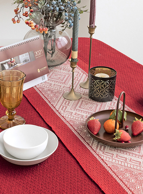 新年红色桌旗装饰棉麻手工流苏桌旗美式电视柜茶几V玄关装饰布床