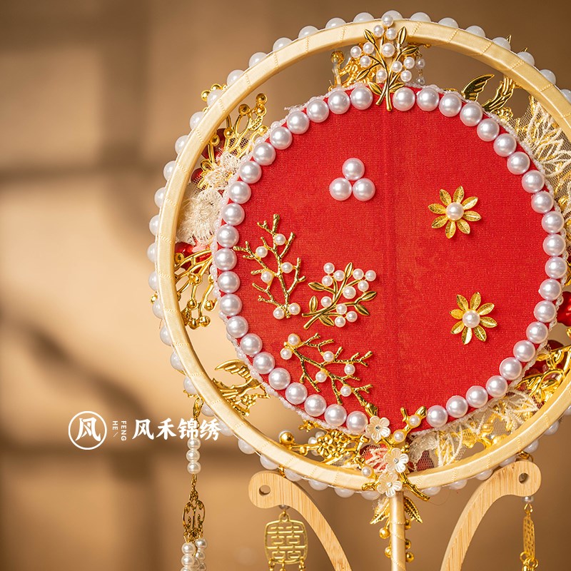 新娘结婚团扇秀禾服ldiy材料包婚礼高级双面红色感遮面扇成品扇子