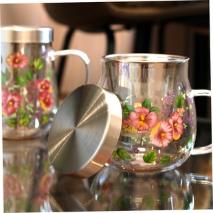 韩国花色不锈钢盖过滤胖胖壶x耐高温玻璃煮茶水杯大容量带把茶水