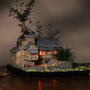 中国风复古农家老房子摆件微景观造景装饰创M意盆栽文竹桌面小盆