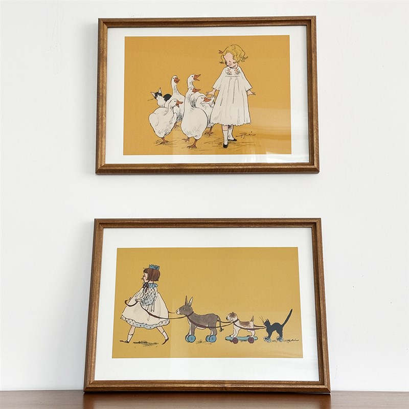 《小公主的宠物巡游p》复古插画实木挂画版儿童女孩房床头装饰画图片