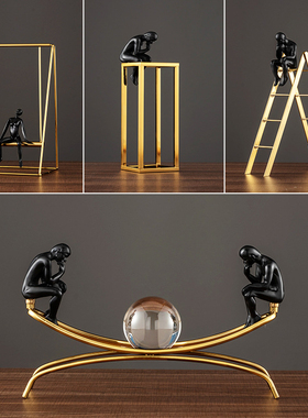 轻奢高档黑色思考者摆件高级感简C约金属客厅酒柜办公室家居装饰