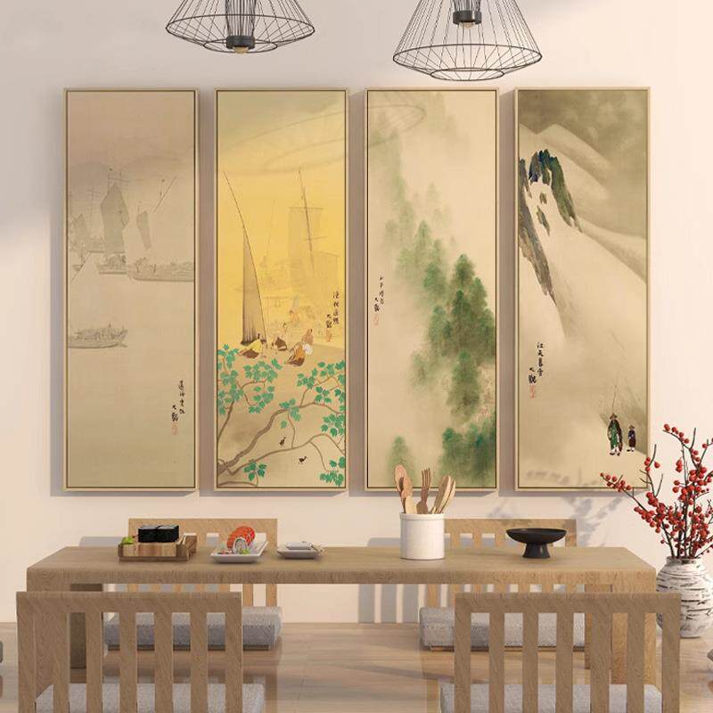 潇湘八景新中式玄关竖款装饰画四联入户玄关日式中餐厅挂画茶室画