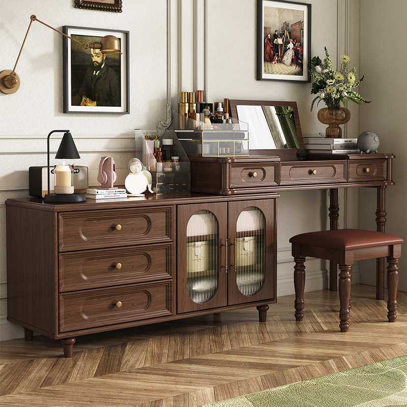 美式实木梳妆台斗柜一体中古风卧室床尾柜转角法式复古化妆桌书桌