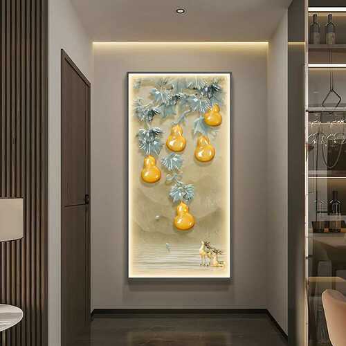 五福临门玄关装饰画入户门走廊过道挂画竖版新中式客厅壁灯画