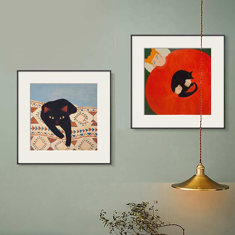 人物与猫现代小众艺术抽象装饰画民宿酒店床头墙壁画宠物软装挂画图片