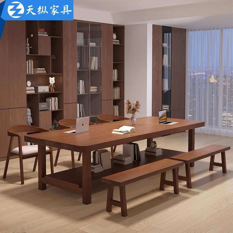 天纵美式实木书桌家用书架一体桌客厅大桌面工作台学生阅读写字桌