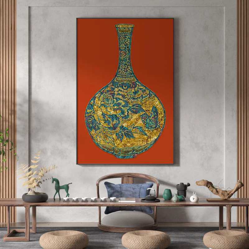 新中式红色古典金色花瓶复古平安茶室客厅装饰画玄关壁画竖版挂画