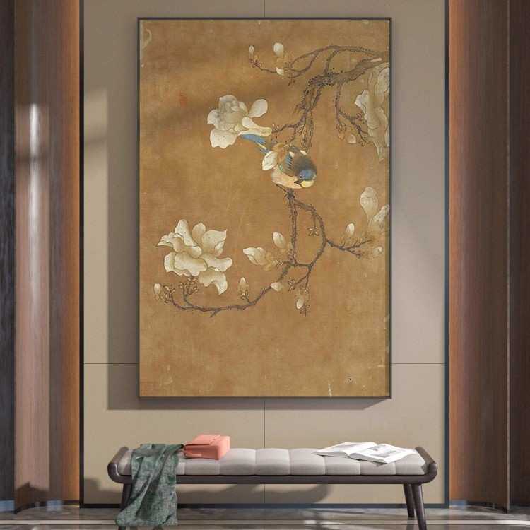 新中式黄色古典中国风花鸟禅意茶室客厅装饰画玄关壁画竖版挂画