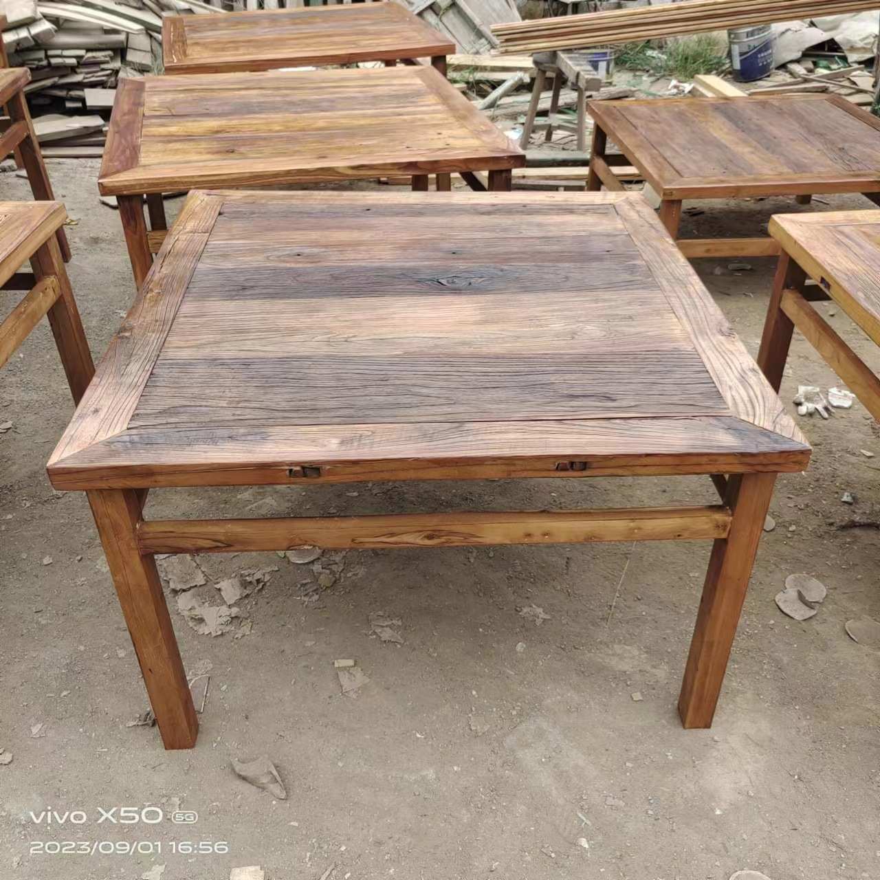 老榆木方桌餐桌茶桌旧木板桌八仙桌桌复古长凳子