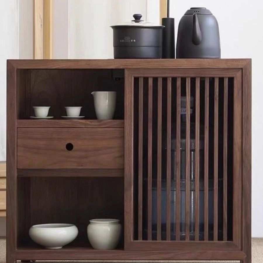 中式实木榆木茶水一体移动la家用边柜简约茶桌客厅烧水多功能储物