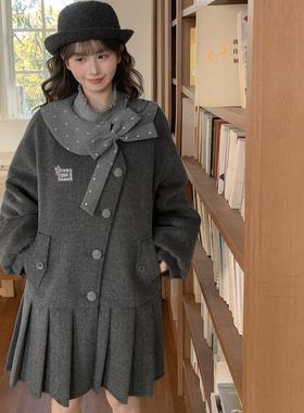 森女部落甜美学院设计感毛呢外套女2025新款百褶下摆宽松大衣冬季