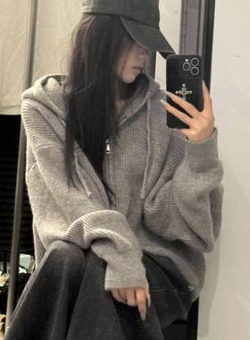 oversize！软糯灰色拉链连帽毛衣开衫女秋冬新款宽松针织衫外套潮