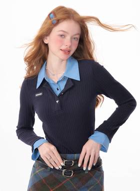 ziziFei秋冬季设计感喇叭袖假两件上衣长袖T恤修身polo领针织衫女