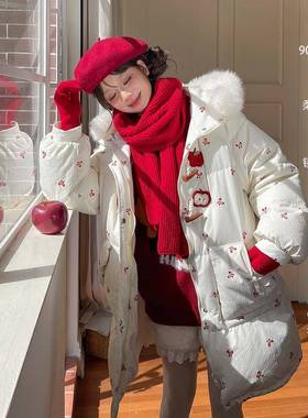 森女部落甜美风苹果刺绣连帽羽绒服女90白鸭绒保暖三防宽松外套冬
