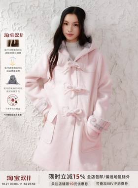 ECHOSTA 粉色蝴蝶结拼接深秋初冬大衣少女羊毛浪漫百搭毛呢外套