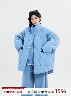 吴童童蓝色菱格立领长袖加厚棉服女冬季新款韩系宽松保暖棉袄上衣