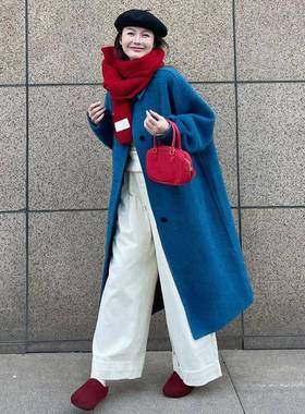 小众设计感高级感简约毛呢大衣女秋冬季蓝色单排扣中长款呢子外套
