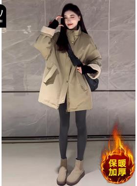 韩版时尚立领羊羔毛拼接加厚工装外套女内里加绒保暖中长款冲锋衣