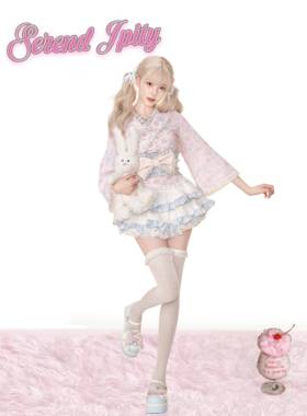 少女椰子 昭和物语 初秋套装女夏季长袖印花上衣+高腰蛋糕半身裙