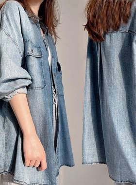 女士莱赛尔牛仔蓝衬衫 宽松显瘦衬衣外套 中长款上衣 春秋款女装