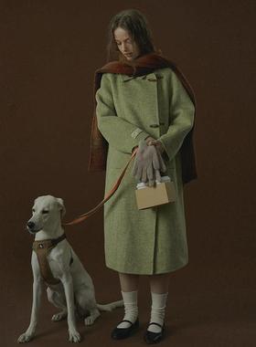 LLANO槐花绿斜门襟呢子大衣优雅高级法式复古长款毛呢外套女春冬