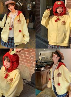 森女部落甜美可爱苹果设计感连帽卫衣女秋冬百搭加绒显瘦宽松外套