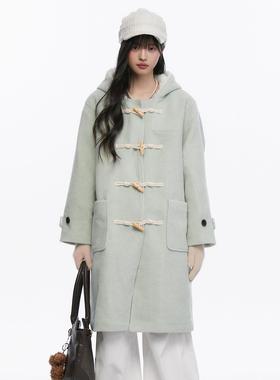 King Prince薄荷绿牛角扣羊羔毛毛呢夹棉大衣秋冬中长款外套女