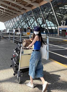 superniniyy 重工酵洗多口袋蓝色宽松百搭工装风七分裤牛仔裤女夏