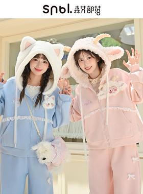 森女部落甜美风设计感立耳连帽加绒卫衣外套女2025新款宽松上衣秋