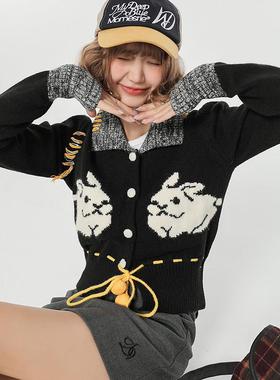 Girlyhalo美式复古毛衣开衫女早秋新款学院风设计感修身针织外套