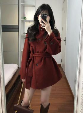 新年战袍中长款红色毛呢外套女秋冬季高级感气质显瘦收腰呢子大衣