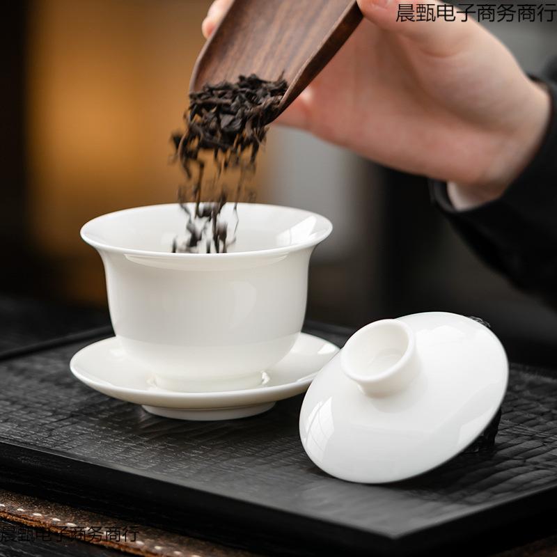 高档羊脂玉白瓷盖碗可悬停旋转陶瓷单个高档三才防烫茶具茶碗茶杯