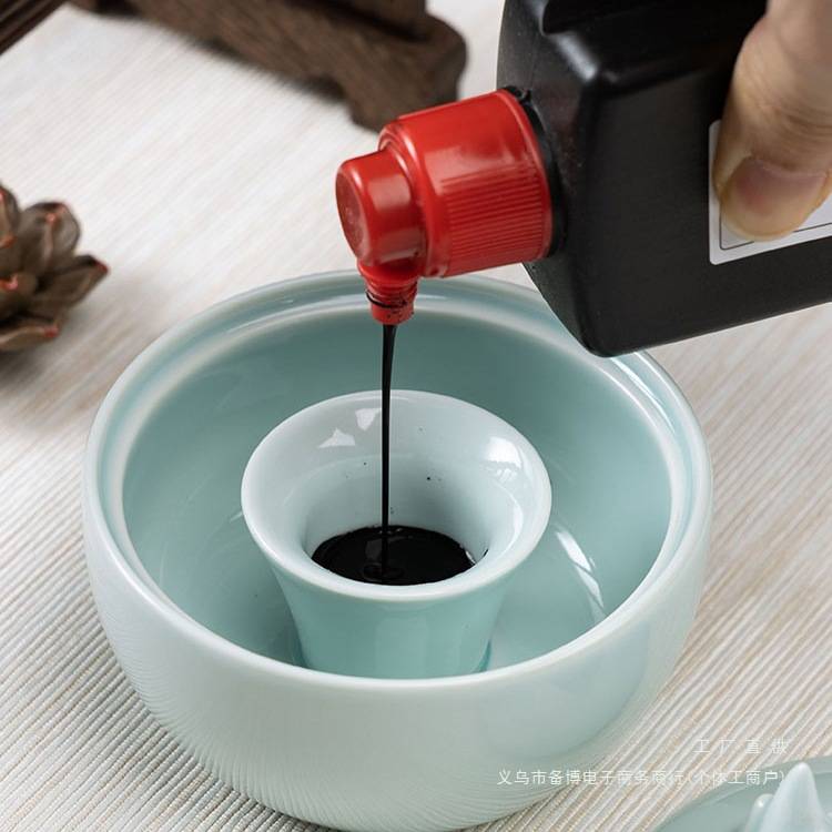 带盖火锅砚台陶瓷保湿墨碟不干墨书法不干笔墨池毛笔墨蝶笔架山多