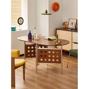 中古实木折叠合意餐桌小户型家用不锈钢椭圆形桌子可伸缩设计茶几