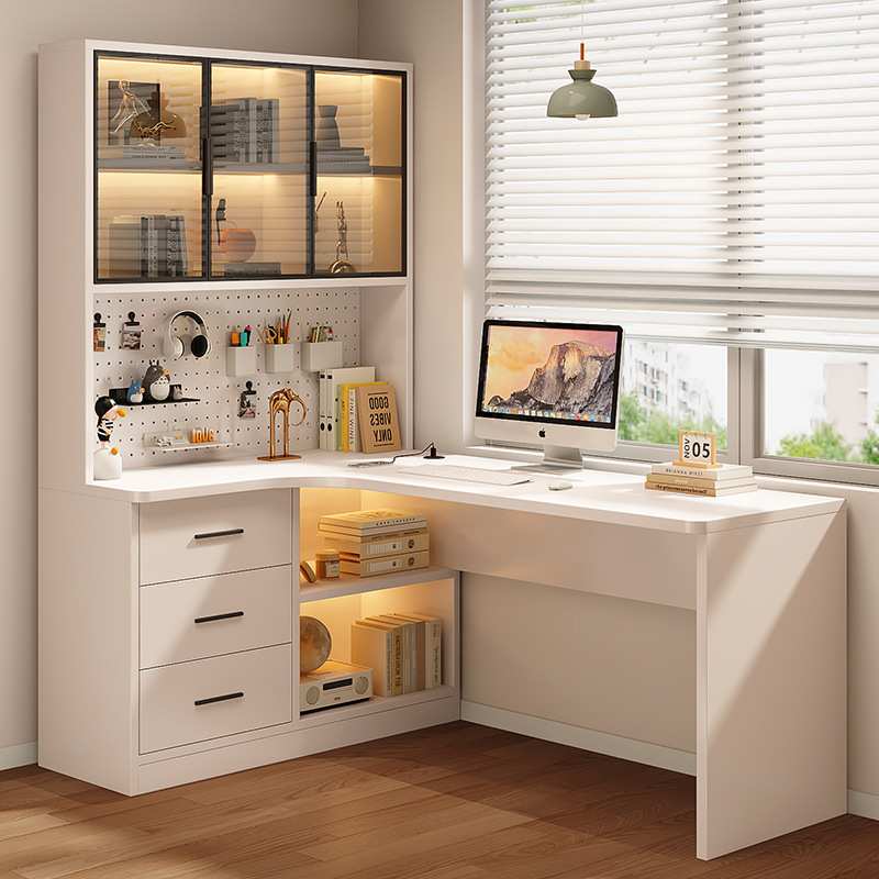 桌子卧室组合书柜家用办公桌学生台式电脑桌实木转角书桌一体学习