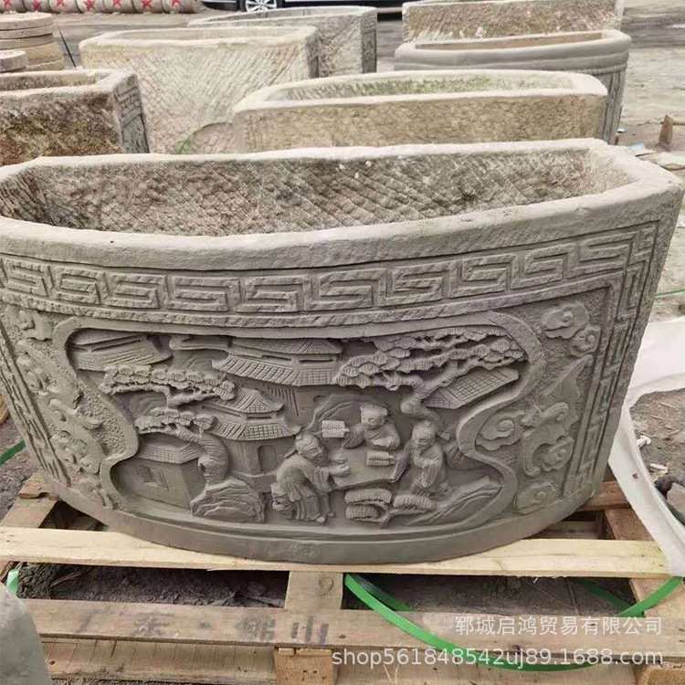 石雕半圆鱼缸青石仿古半圆形鱼缸大理石老石槽花岗岩半圆缸