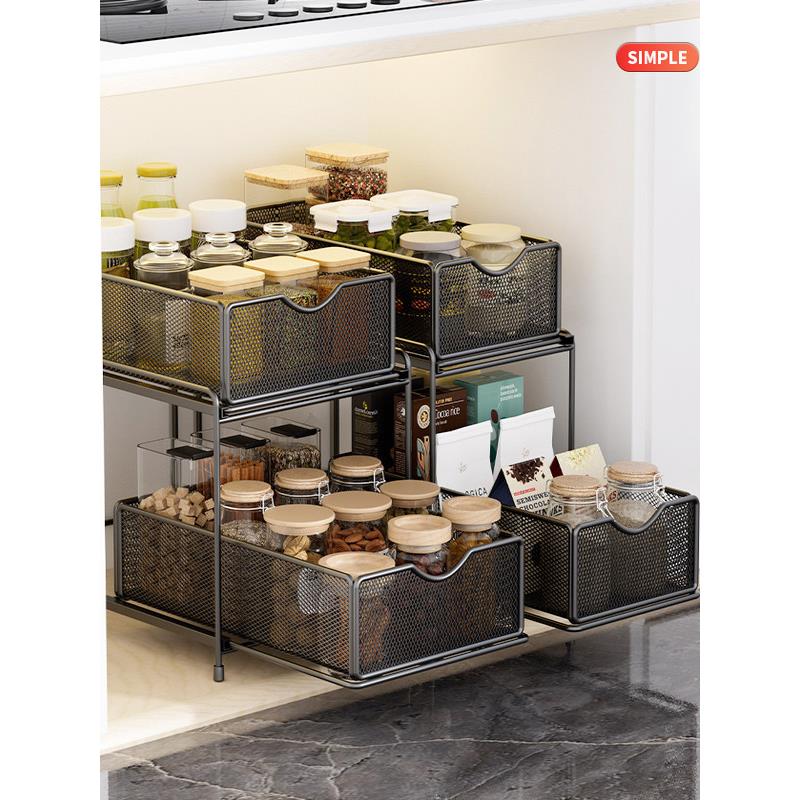 厨房抽拉式橱柜内水槽下超深多功能抽屉拉篮置物架双层架