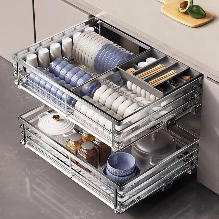 厨房304不锈钢缓冲轨抽屉双层调料拉篮开门橱柜内置物收纳碗碟架