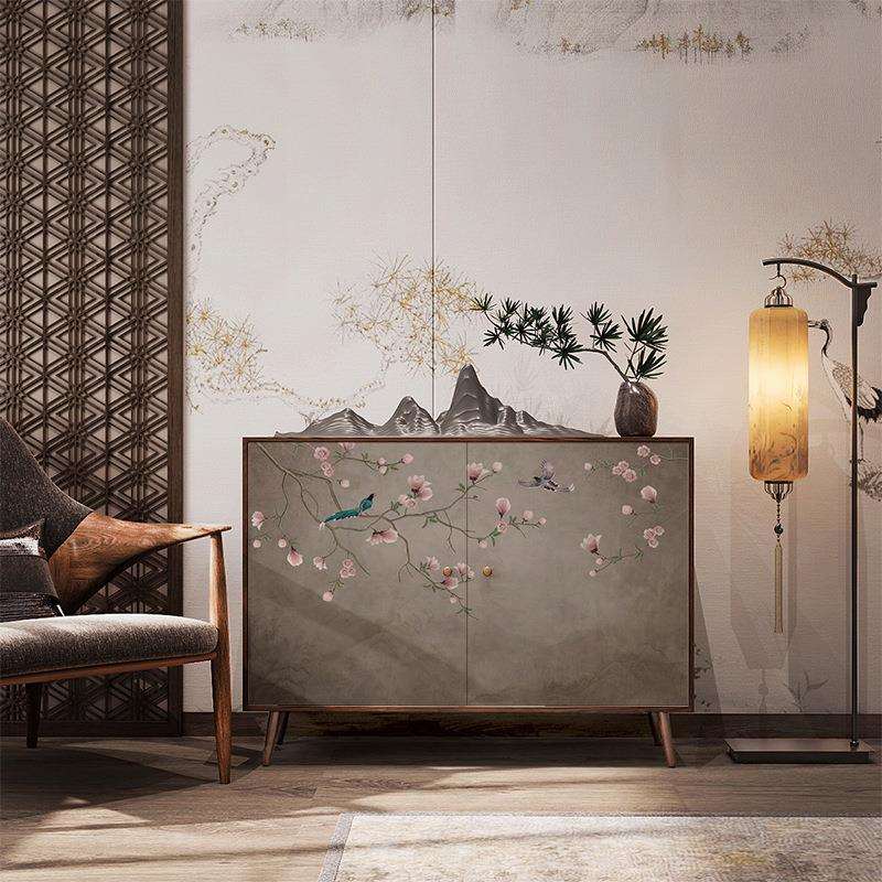 中古风复古花鸟实木玄关柜入户客厅靠墙一体免安装储物柜斗柜