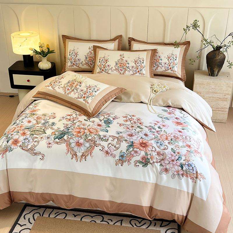 跨境轻奢水洗天丝印花大版花卉四件套床单款床上用品厂家