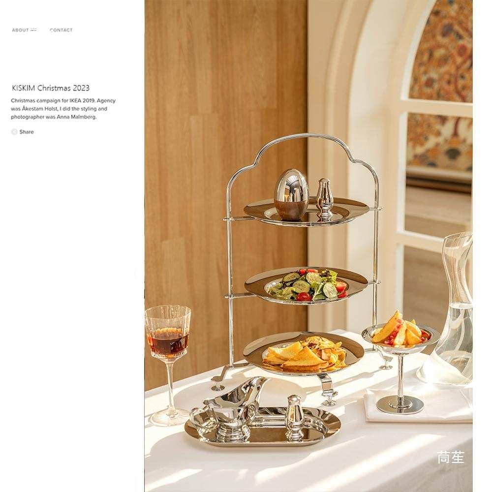 欧式不锈钢三层甜品架子轻奢下午茶点心盘水果盘样板房软装摆件