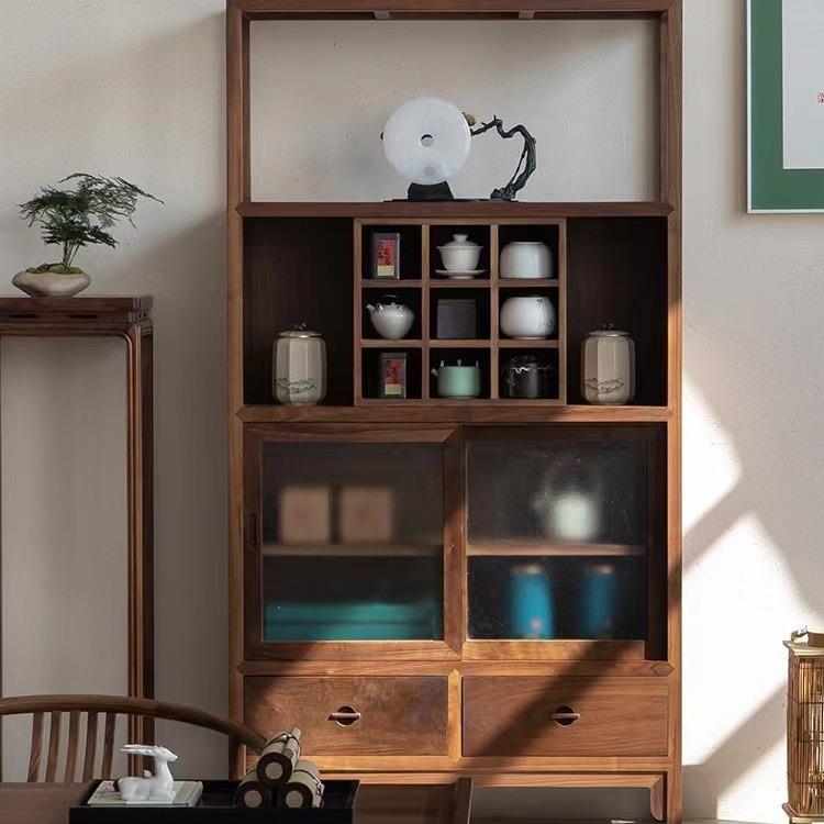新中式阳台黑胡桃木茶柜客厅置物架实木餐边柜茶水柜榆木茶室边柜