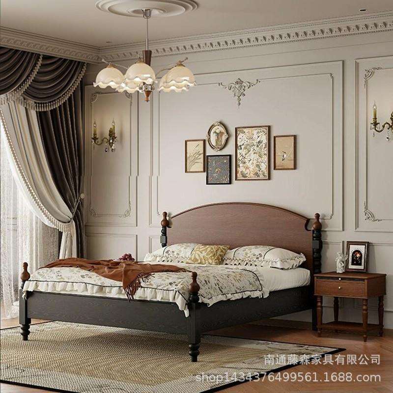 法式复古实木床小耳实木床1米8双人主卧大床高端中古风实木床