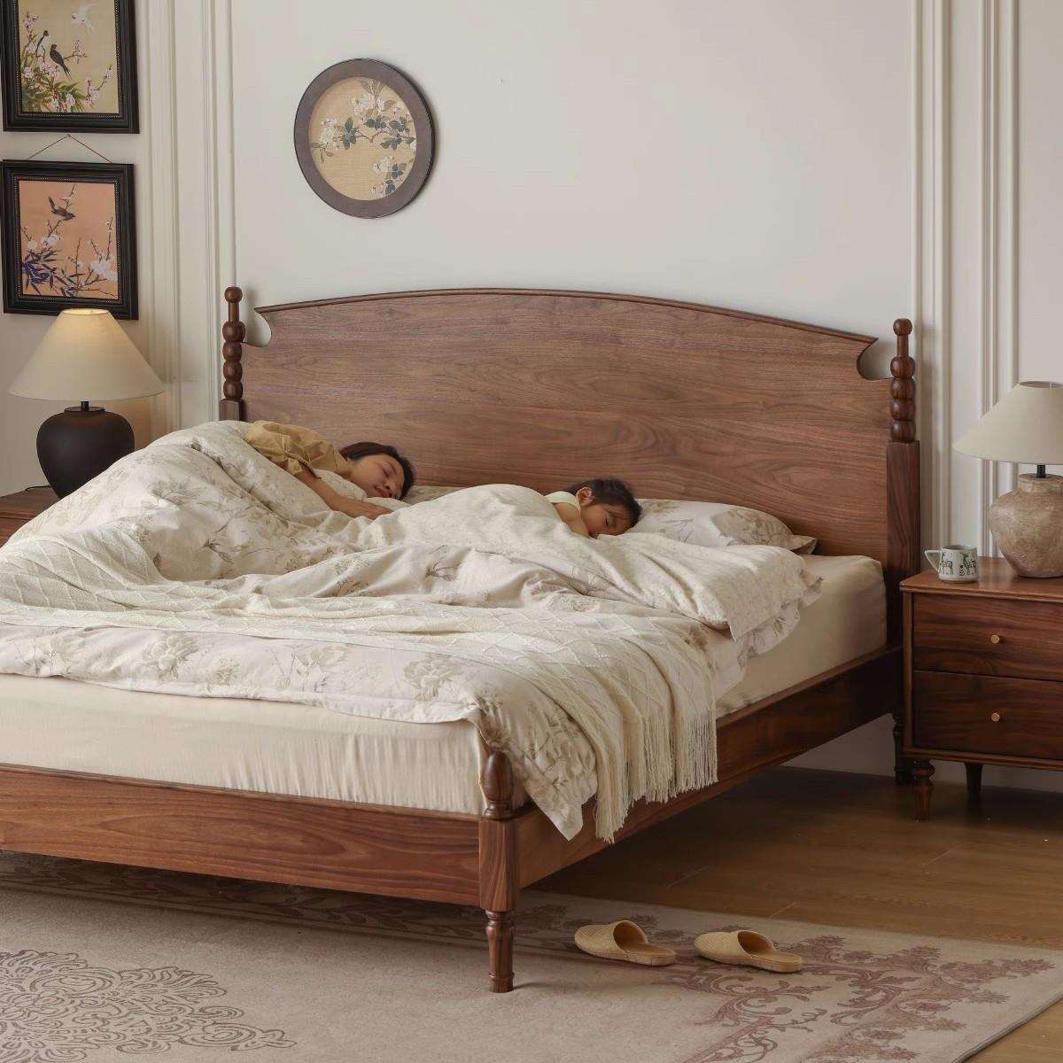 北美黑胡桃木实木床美式复古1米8双人床法式小户型家用1米5单人床