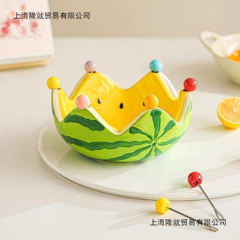 水果套装西瓜家用陶瓷甜品可爱不锈钢叉子收纳罐果儿童果签水果叉