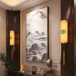 新中式玄关玄幻山水抽象装饰画招财风水竖版过道挂画酒店现代壁画